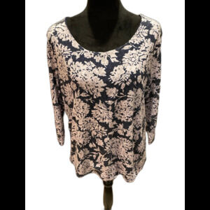 Croft and Barrow Blouse Petite XL Top Pullover 3/4 Sleeve Navy White Relaxed Fit